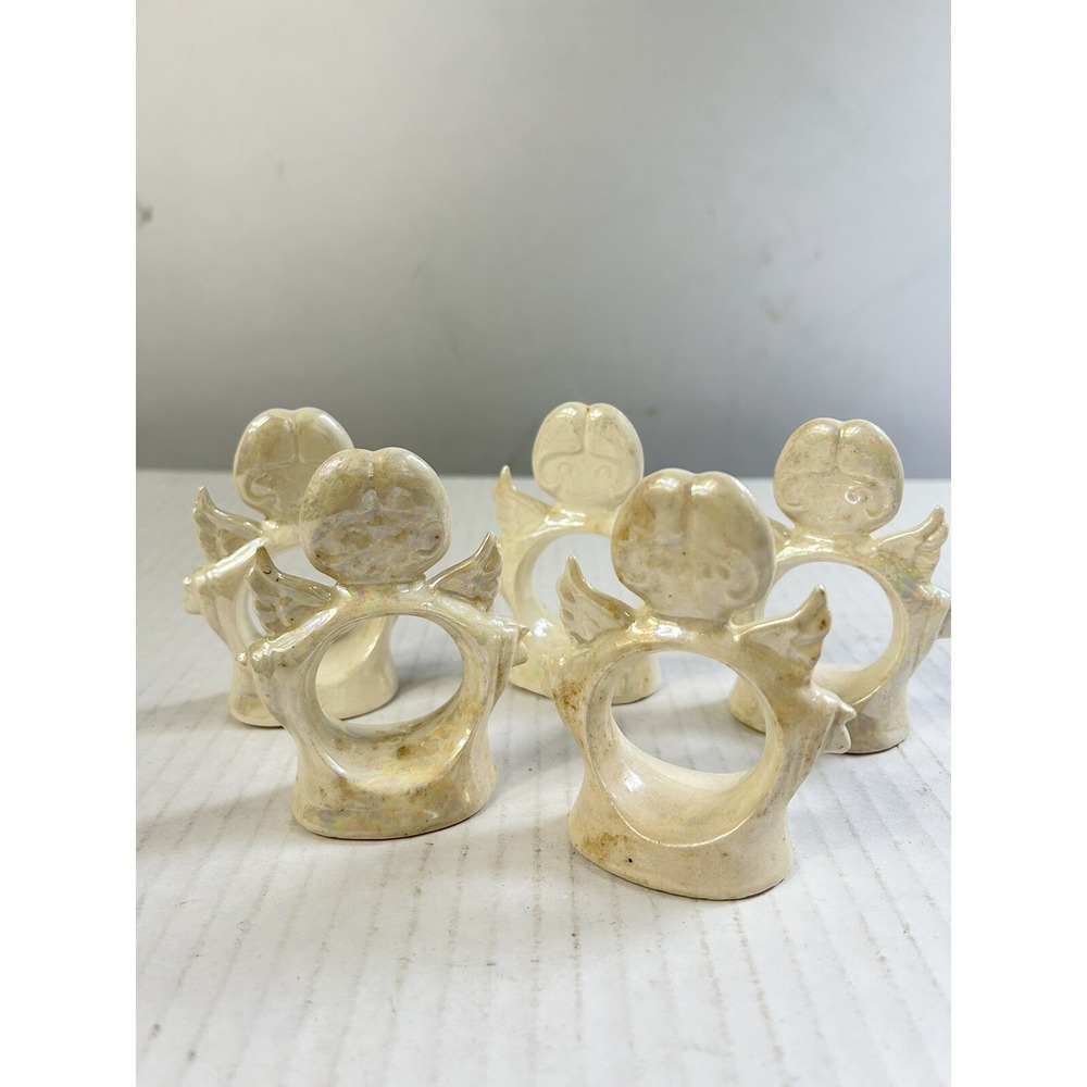 Vintage Iridescent Ceramic Angel Napkin Rings‎ Set of 5 Cream Pearlized Finish